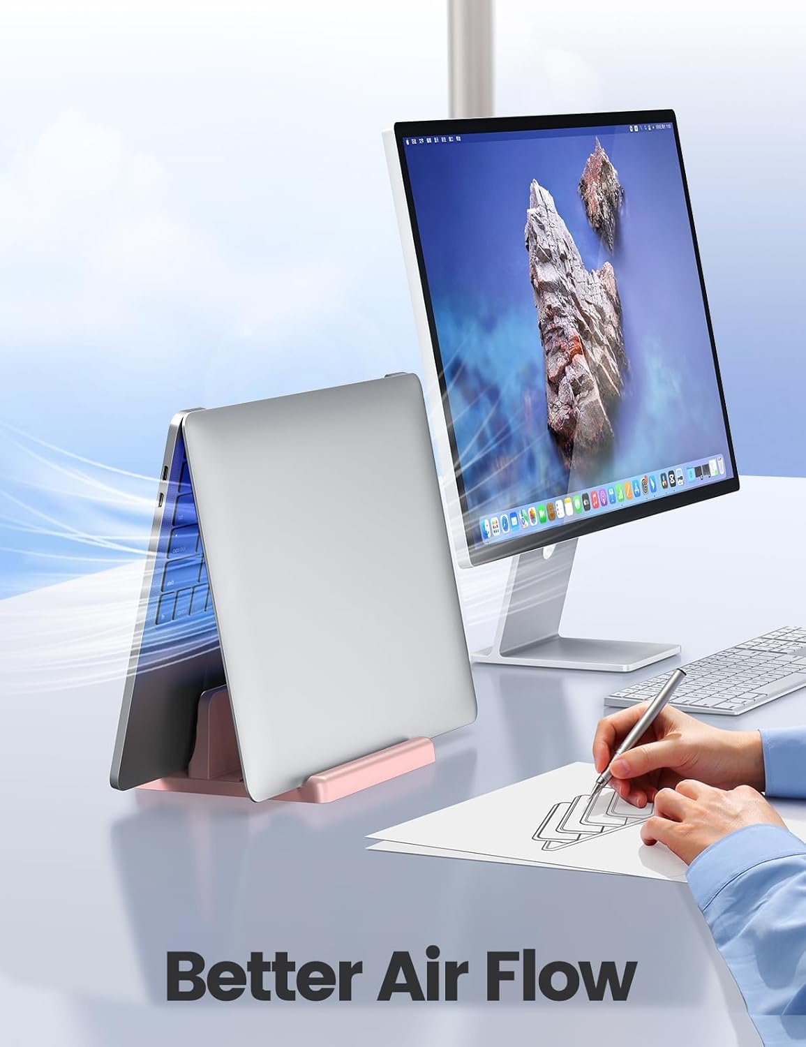 image:imageVaydeer Vertical Laptop Stand Holder Organizer Plastic Adjustable Desktop Notebook Dock SpaceSaving 3 in 1 for All MacBook Pro AirMacHPDellMicrosoft SurfaceLenovoup to 173 inches BlackPink