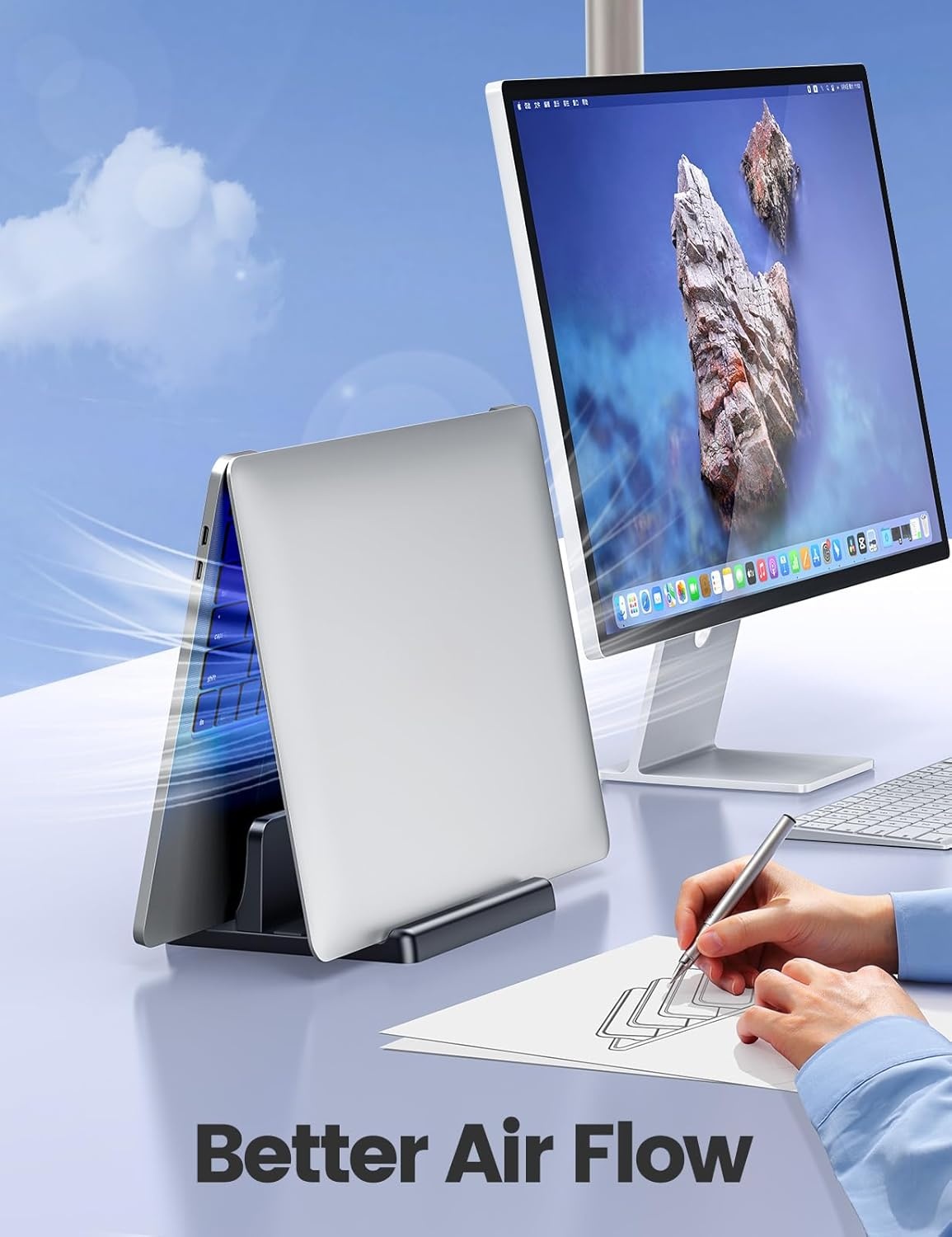 image:imageVaydeer Vertical Laptop Stand Holder Organizer Plastic Adjustable Desktop Notebook Dock SpaceSaving 3 in 1 for All MacBook Pro AirMacHPDellMicrosoft SurfaceLenovoup to 173 inches BlackBlack