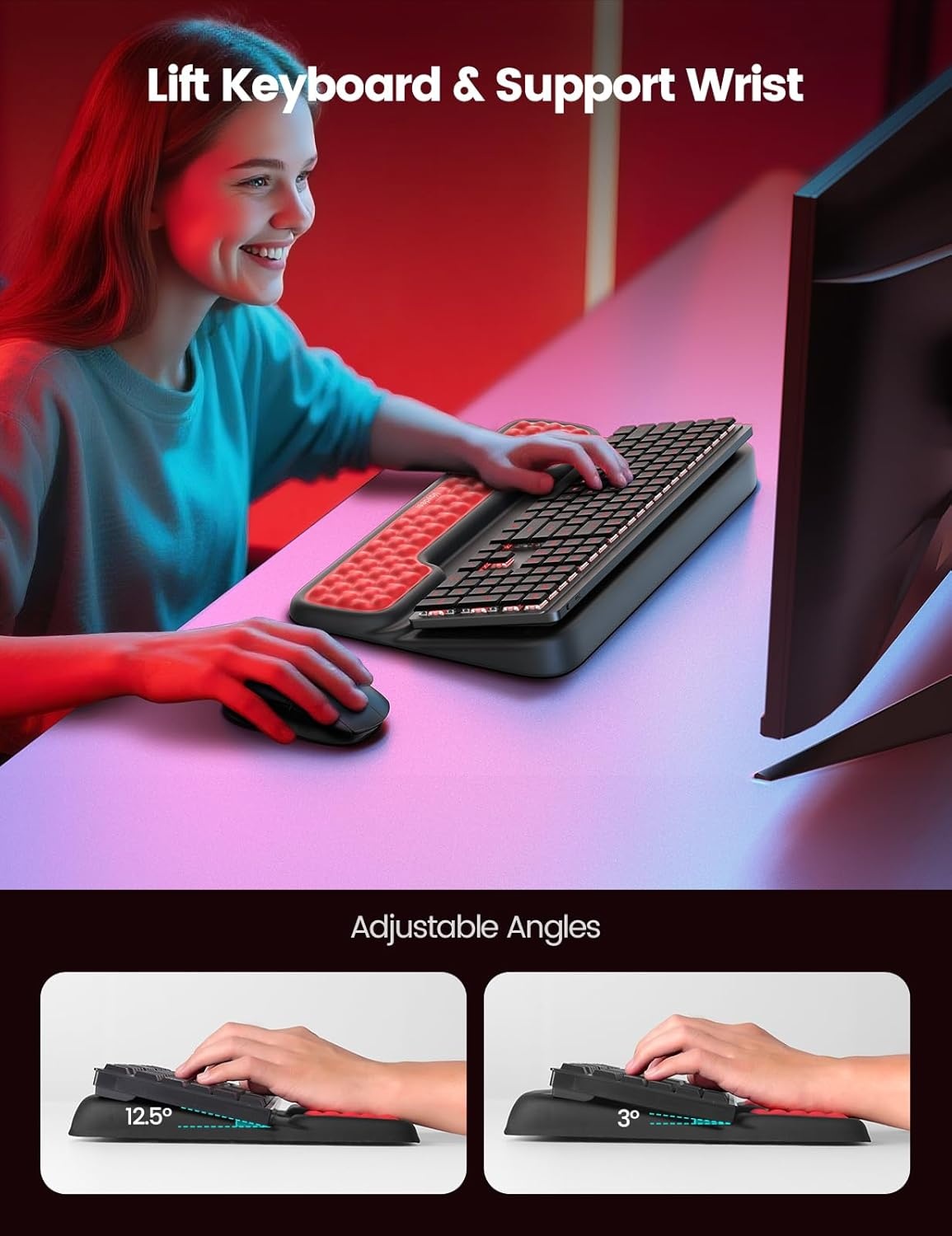 image:imageVaydeer Wrist Rest with Keyboard Stand Computer Wrist Support Pad Ergonomic Keyboard Riser Holder Lift Tray with Wrist Pad Soft Memory Foam Desk Cushion Palm Arm Hand Typing for Office Home GiftGreen and Black