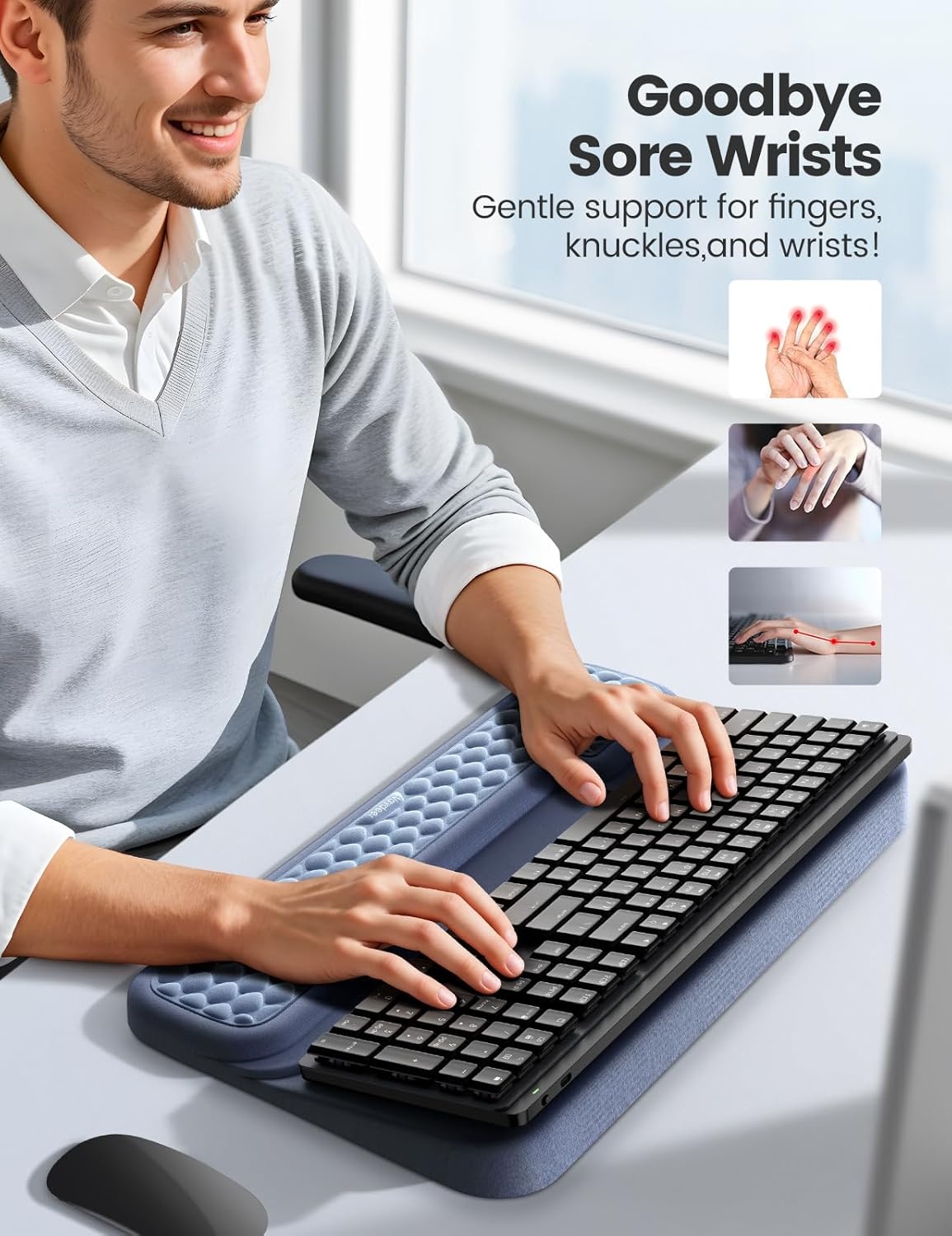image:imageVaydeer Wrist Rest with Keyboard Stand Computer Wrist Support Pad Ergonomic Keyboard Riser Holder Lift Tray with Wrist Pad Soft Memory Foam Desk Cushion Palm Arm Hand Typing for Office Home GiftLight and Dark Blue