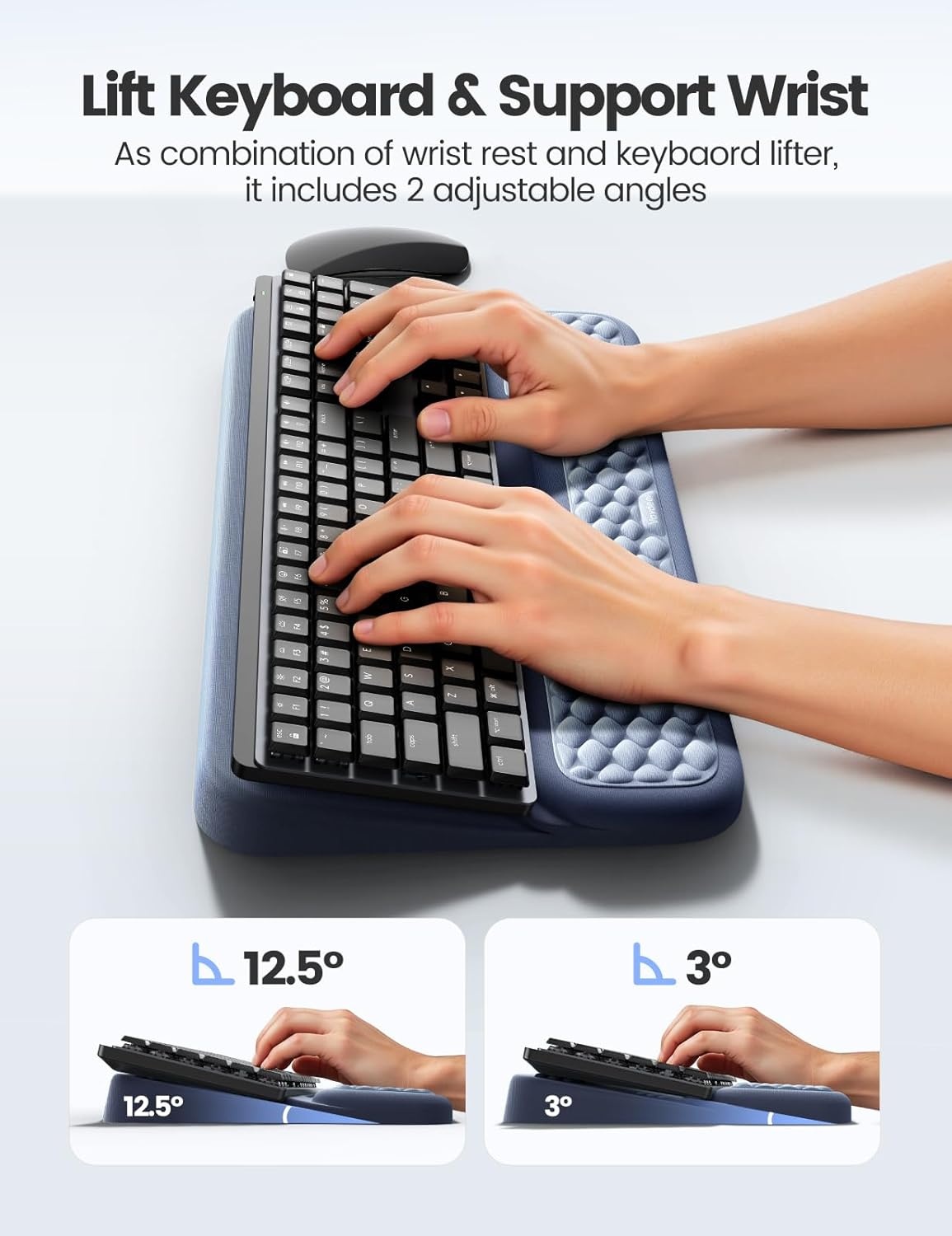 image:imageVaydeer Wrist Rest with Keyboard Stand Computer Wrist Support Pad Ergonomic Keyboard Riser Holder Lift Tray with Wrist Pad Soft Memory Foam Desk Cushion Palm Arm Hand Typing for Office Home GiftLight and Dark Blue