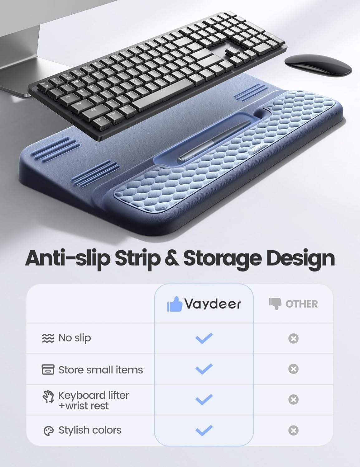 image:imageVaydeer Wrist Rest with Keyboard Stand Computer Wrist Support Pad Ergonomic Keyboard Riser Holder Lift Tray with Wrist Pad Soft Memory Foam Desk Cushion Palm Arm Hand Typing for Office Home GiftBlack