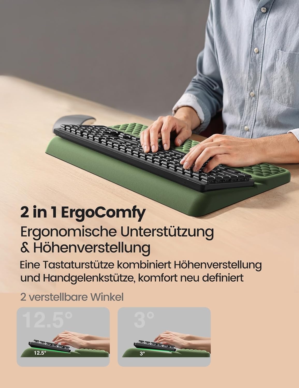 image:imageVaydeer Wrist Rest with Keyboard Stand Computer Wrist Support Pad Ergonomic Keyboard Riser Holder Lifter Tray with Wrist Pad Memory Foam Desk Cushion Palm Hand Typing for Office Home SchoolPinkOlive Green