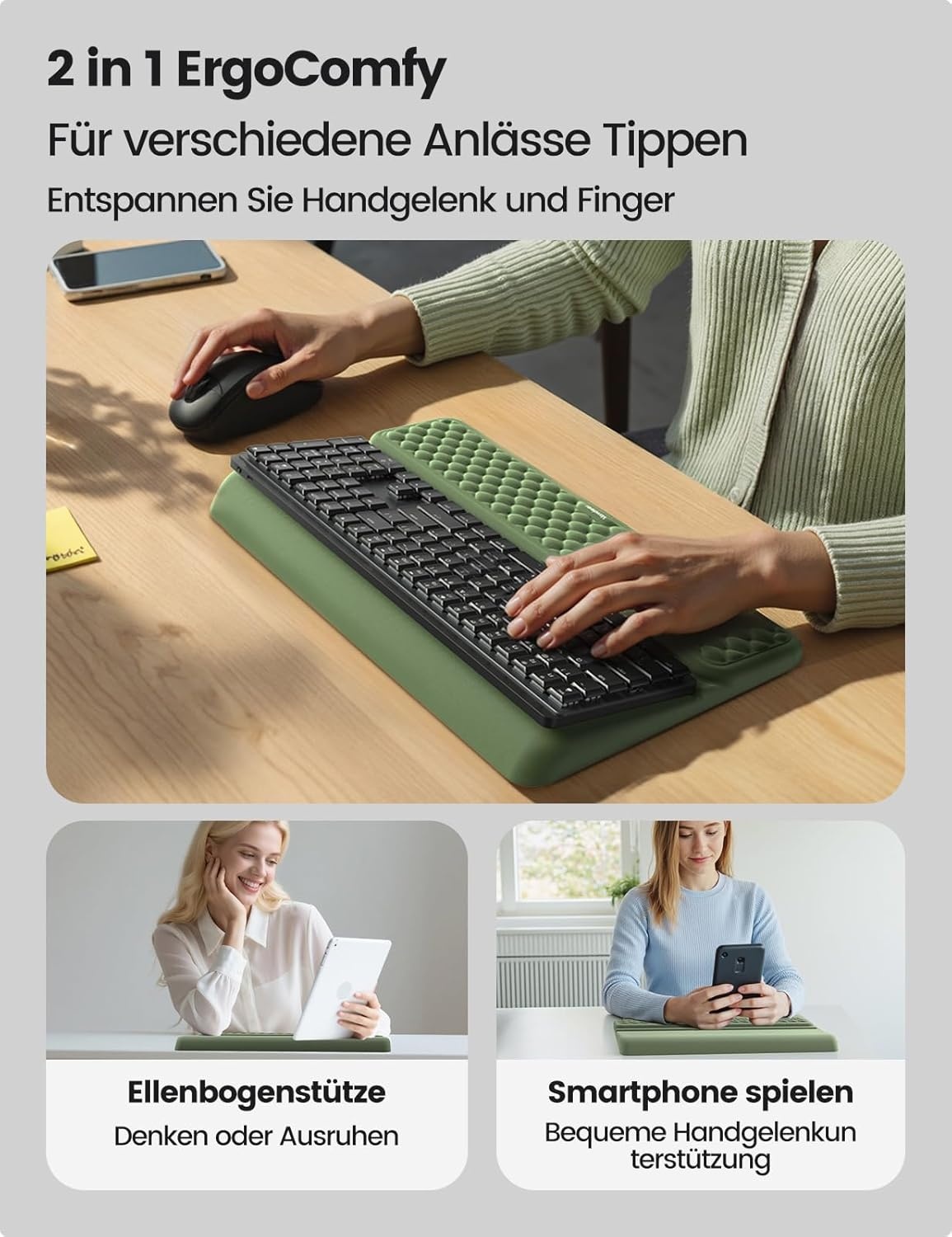 image:imageVaydeer Wrist Rest with Keyboard Stand Computer Wrist Support Pad Ergonomic Keyboard Riser Holder Lifter Tray with Wrist Pad Memory Foam Desk Cushion Palm Hand Typing for Office Home SchoolPinkOlive Green