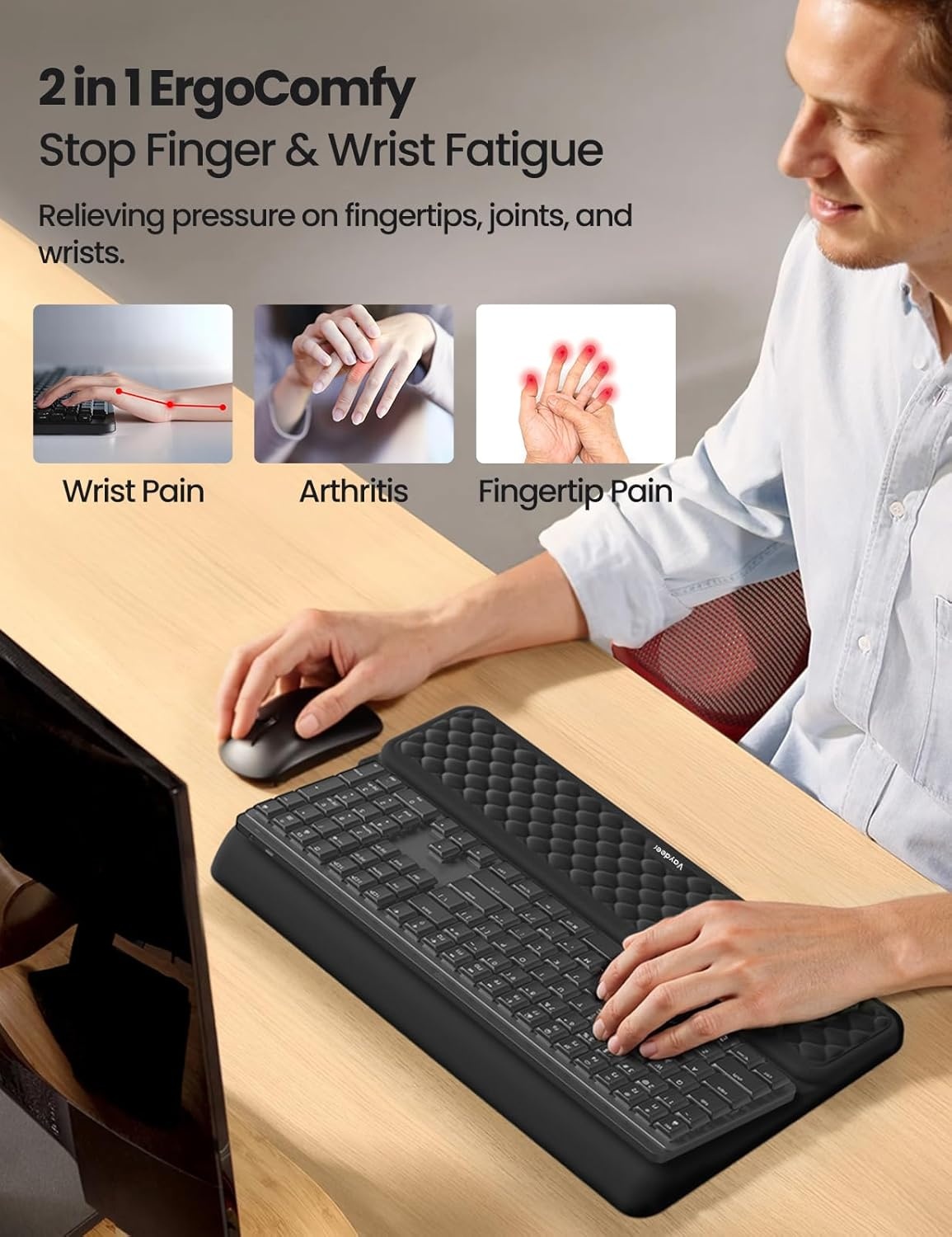 image:imageVaydeer Wrist Rest with Keyboard Stand Computer Wrist Support Pad Ergonomic Keyboard Riser Holder Lifter Tray with Wrist Pad Memory Foam Desk Cushion Palm Hand Typing for Office Home SchoolPinkBlack
