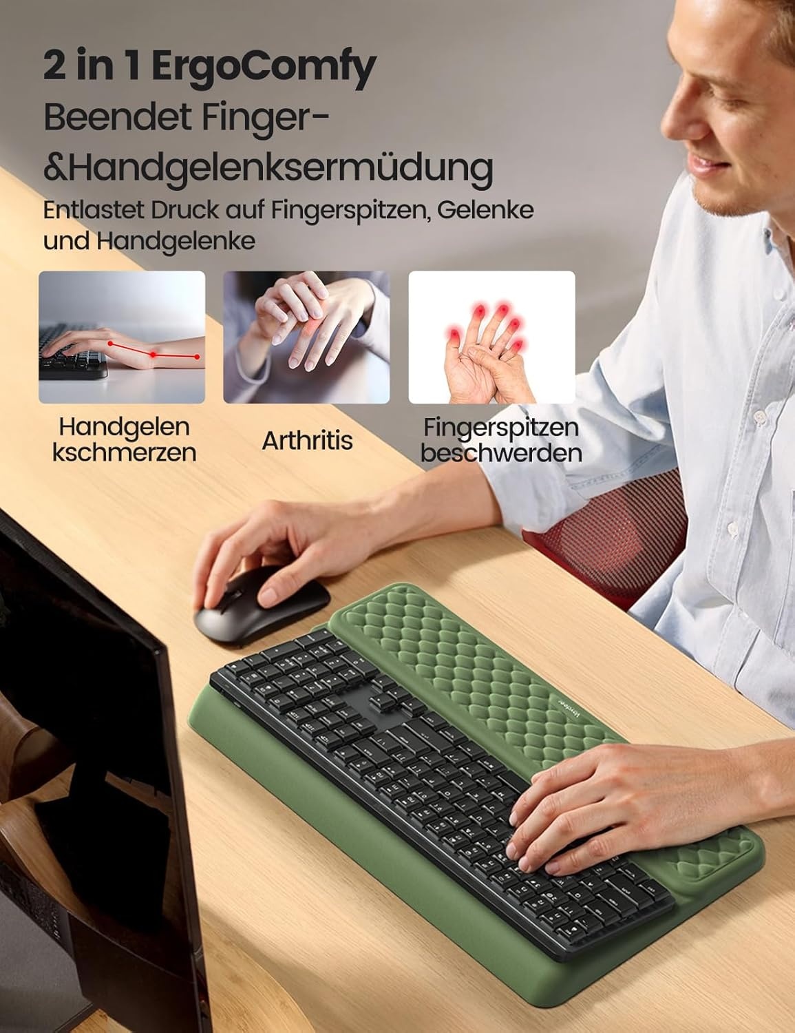 image:imageVaydeer Wrist Rest with Keyboard Stand Computer Wrist Support Pad Ergonomic Keyboard Riser Holder Lifter Tray with Wrist Pad Memory Foam Desk Cushion Palm Hand Typing for Office Home SchoolPinkOlive Green