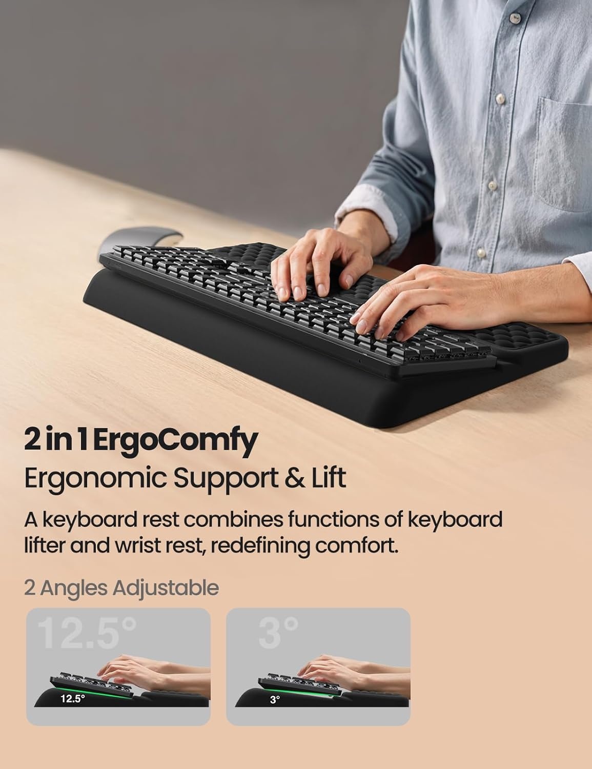 image:imageVaydeer Wrist Rest with Keyboard Stand Computer Wrist Support Pad Ergonomic Keyboard Riser Holder Lifter Tray with Wrist Pad Memory Foam Desk Cushion Palm Hand Typing for Office Home SchoolPinkBlack