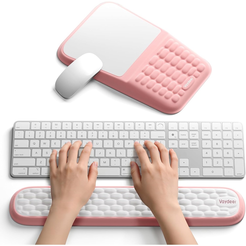 image:image2in1 Keyboard amp Mouse Wrist Rest Set Ergonomic PainRelief Support Memory Foam Wrist Cushion with 8 Slope amp Massage Nubs NonSlip PU Base Relieves Wrist Pain amp Carpal Tunnel from Long TypingPink and White