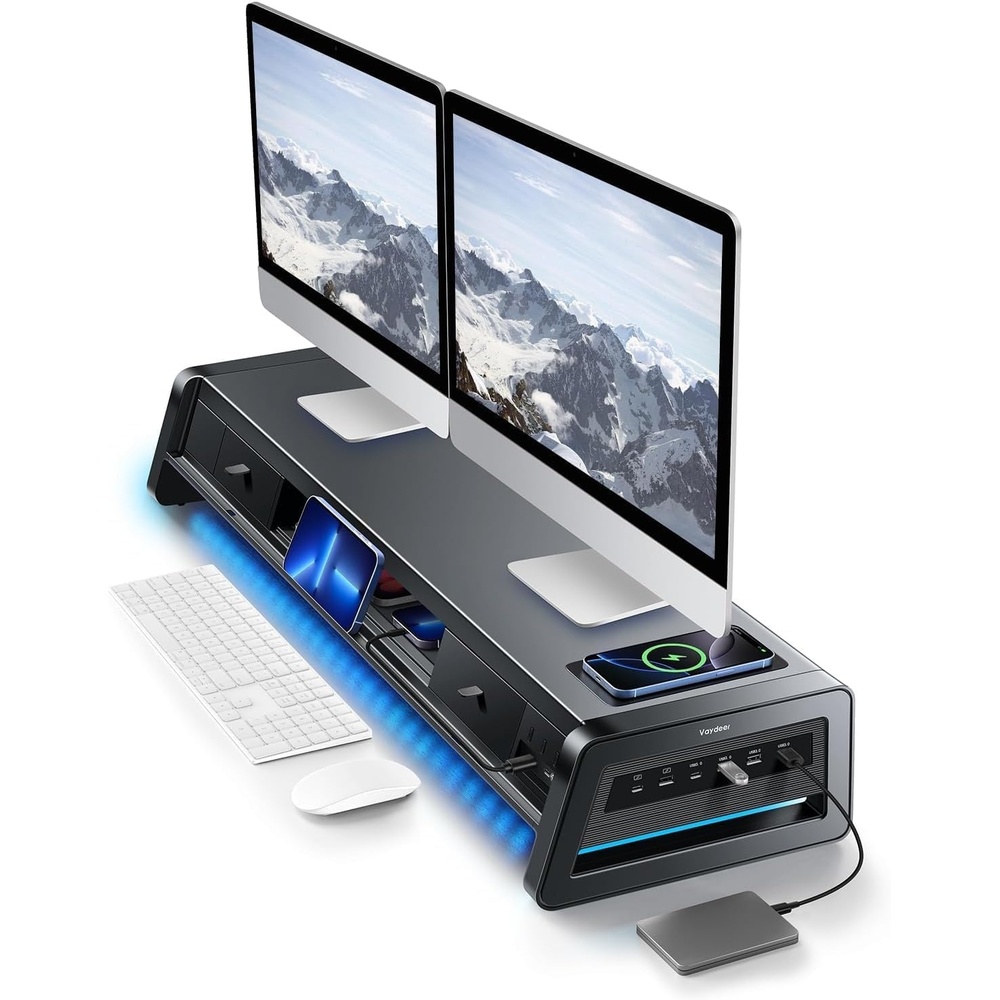 image:imageVaydeer AllinOne Dual Monitor Stand Riser with 2 Drawers 8USB Ports and Wireless Charging Pad with LED Light Strip for 2 Monitors Desk Organizer for PC iMac Metal 393 inchesBlack