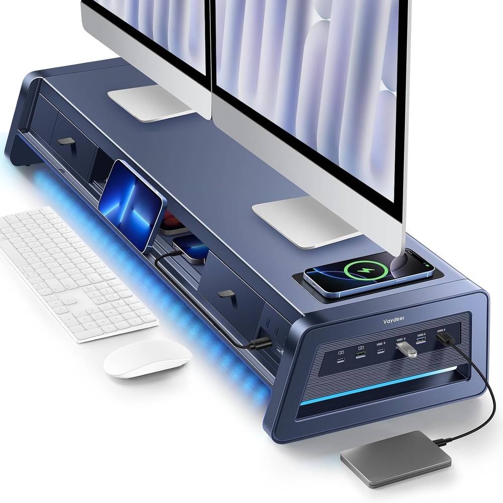 image:imageVaydeer AllinOne Dual Monitor Stand Riser with 2 Drawers 8USB Ports and Wireless Charging Pad with LED Light Strip for 2 Monitors Desk Organizer for PC iMac Metal 393 inchesDark Blue