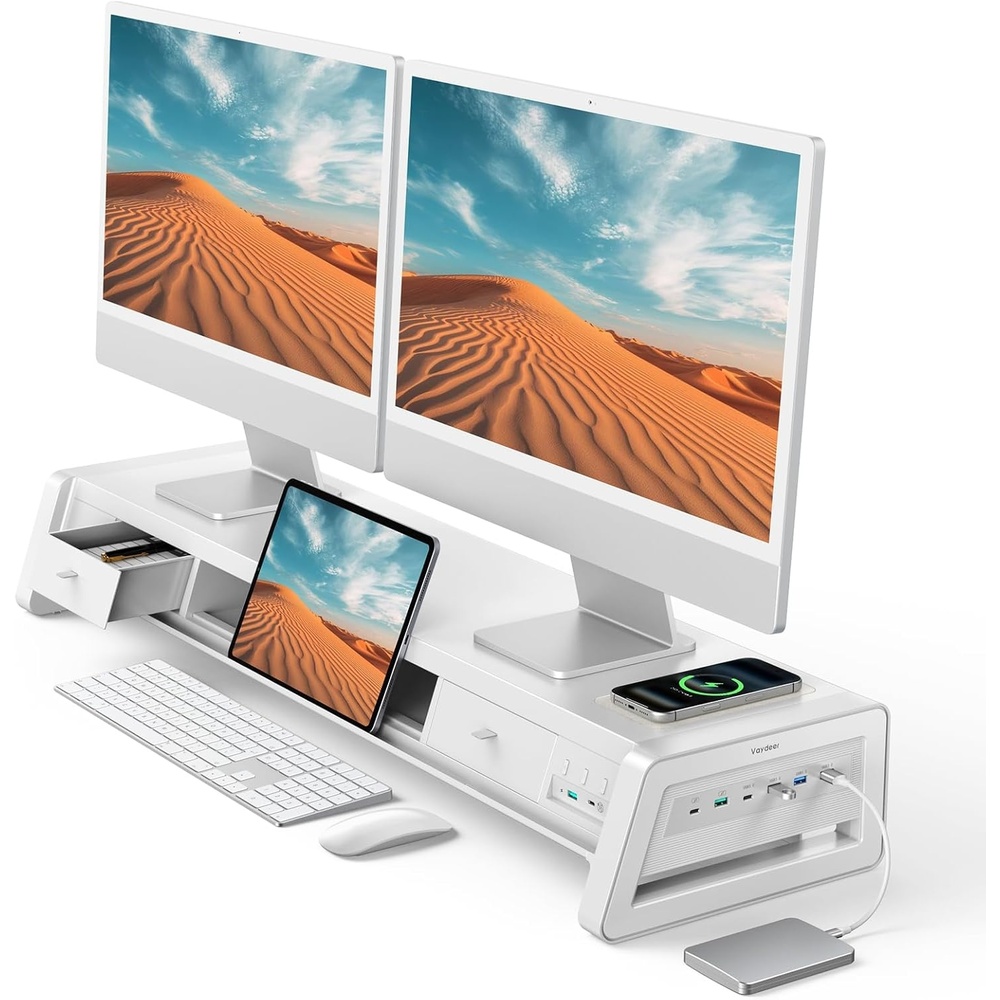 image:imageVaydeer AllinOne Dual Monitor Stand Riser with 2 Drawers 8USB Ports and Wireless Charging Pad with LED Light Strip for 2 Monitors Desk Organizer for PC iMac Metal 393 inchesWhite