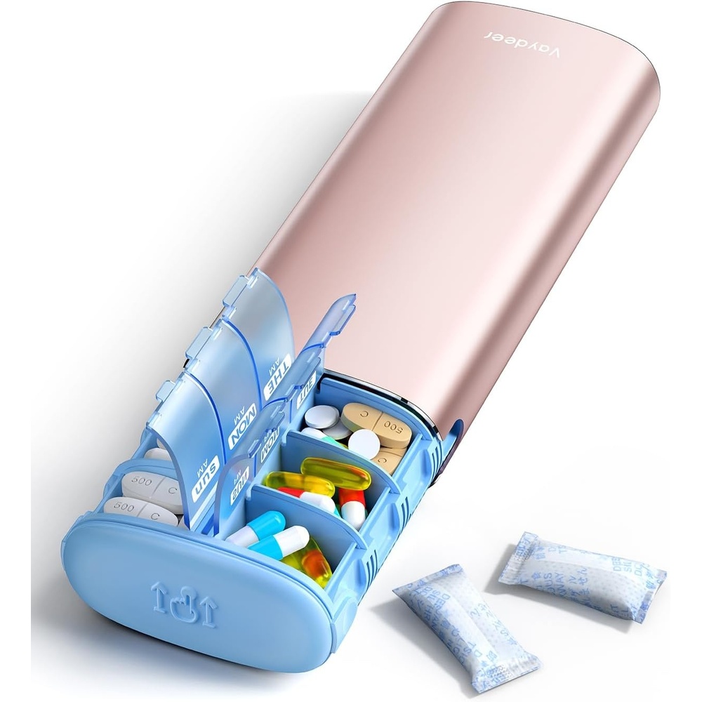 image:imageVaydeer Metal 7 Day Pill Organizer 2 Times a Day AM PM Weekly Travel Pill Case with MoistureProof Desiccant Airtight Large Capacity Pill Box for Vitamins Medications amp Supplements Rose GoldRose Gold