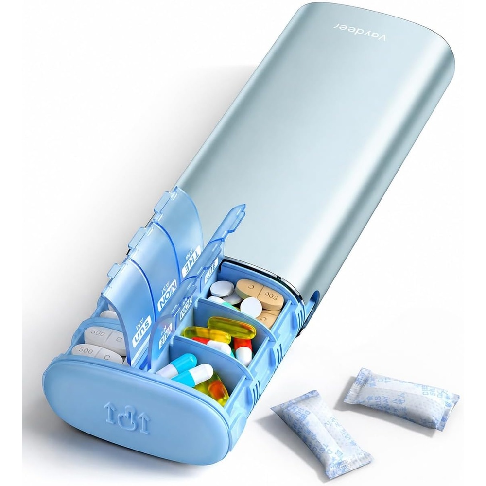 image:imageVaydeer Metal 7 Day Pill Organizer 2 Times a Day AM PM Weekly Travel Pill Case with MoistureProof Desiccant Airtight Large Capacity Pill Box for Vitamins Medications amp Supplements Rose GoldBlue