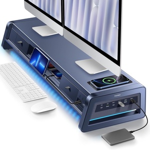 image:imageVaydeer AllinOne Dual Monitor Stand Riser with 2 Drawers 8USB Ports and Wireless Charging Pad with LED Light Strip for 2 Monitors  Desk Organizer for PC iMac Metal 393 inchesDark Blue