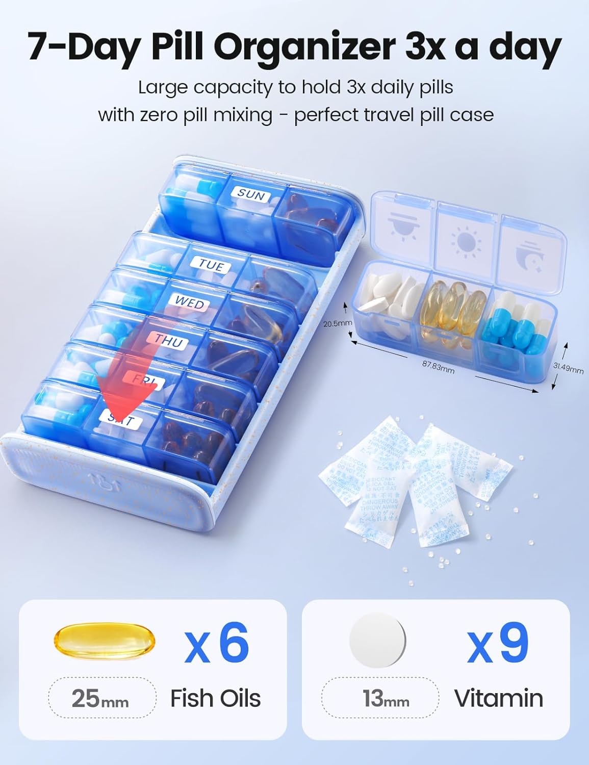 image:imageVaydeer Metal Pill Organizer 3 Times a Day Weekly Pill Box with Builtin Desiccant Compartment Airtight 7 Day Travel Pill Case for Medication Vitamins amp Supplements Rose GoldSilver