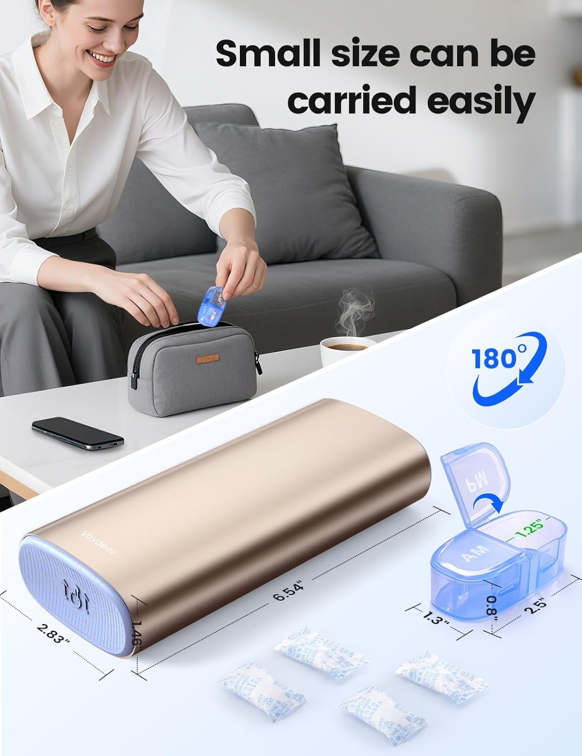 image:imageVaydeer Metal Pill Organizer 3 Times a Day Weekly Pill Box with Builtin Desiccant Compartment Airtight 7 Day Travel Pill Case for Medication Vitamins amp Supplements Rose GoldBlack