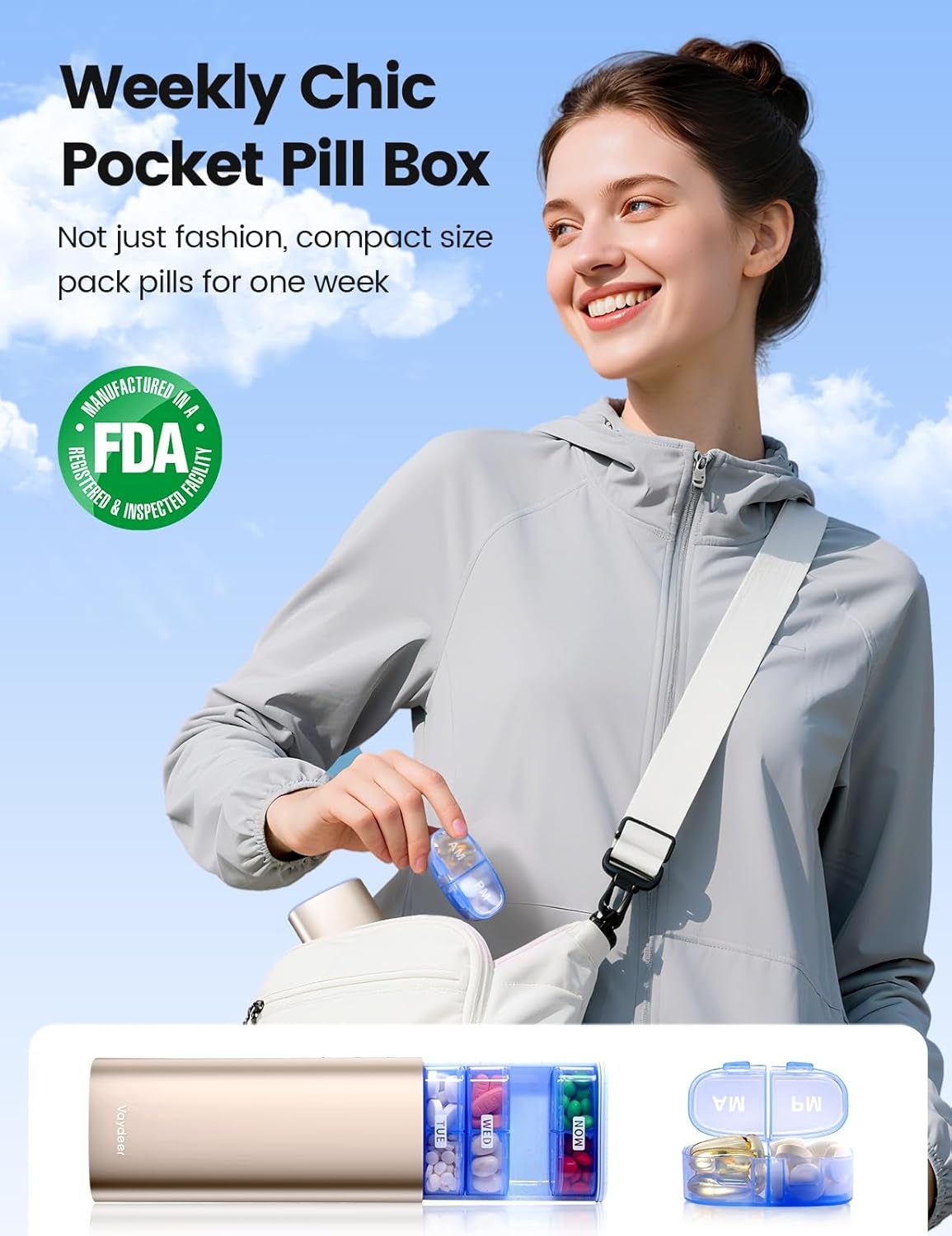 image:imageVaydeer Metal Pill Organizer 3 Times a Day Weekly Pill Box with Builtin Desiccant Compartment Airtight 7 Day Travel Pill Case for Medication Vitamins amp Supplements Rose GoldRose Gold