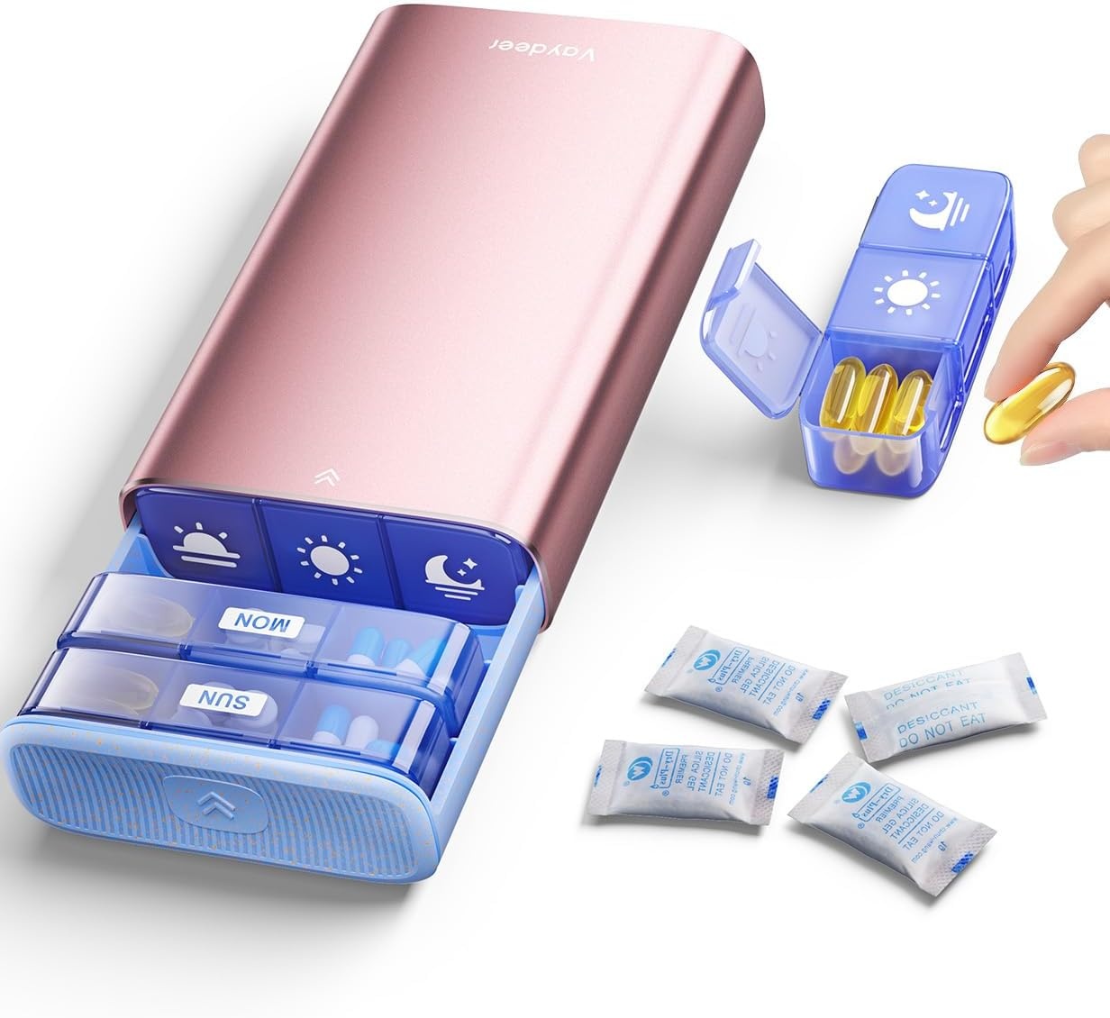 image:imageVaydeer Metal Pill Organizer 3 Times a Day Weekly Pill Box with Builtin Desiccant Compartment Airtight 7 Day Travel Pill Case for Medication Vitamins amp Supplements Rose GoldRose Gold