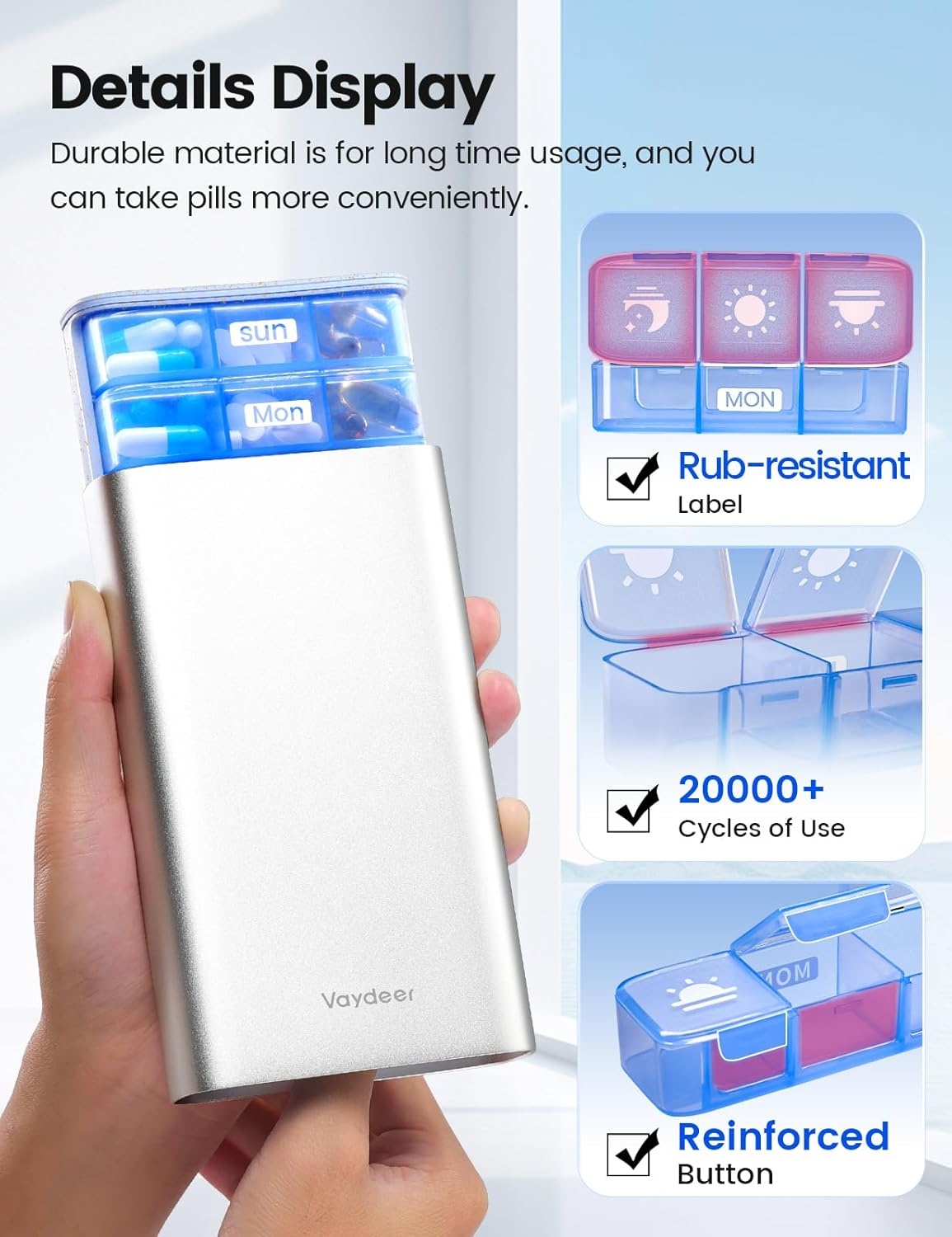 image:imageVaydeer Metal Pill Organizer 3 Times a Day Weekly Pill Box with Builtin Desiccant Compartment Airtight 7 Day Travel Pill Case for Medication Vitamins amp Supplements Rose GoldSilver