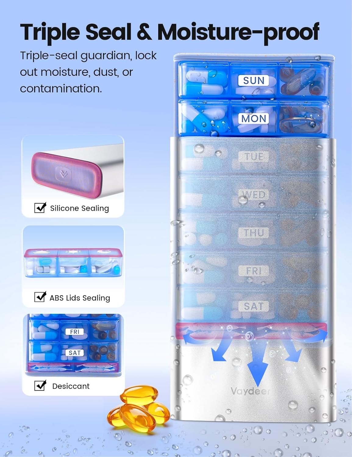 image:imageVaydeer Metal Pill Organizer 3 Times a Day Weekly Pill Box with Builtin Desiccant Compartment Airtight 7 Day Travel Pill Case for Medication Vitamins amp Supplements Rose GoldRose Gold