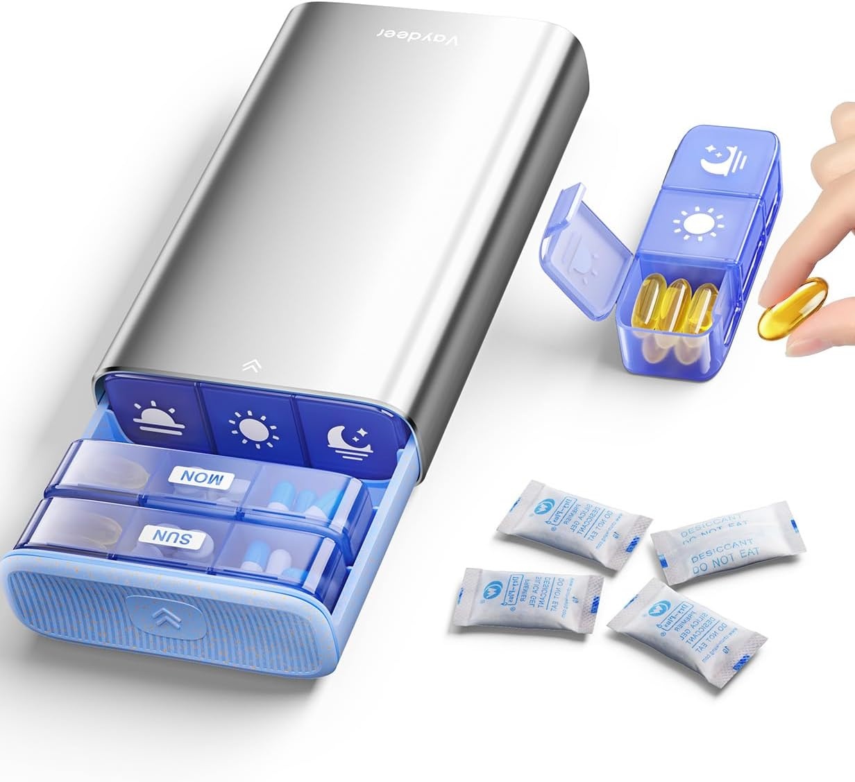 image:imageVaydeer Metal Pill Organizer 3 Times a Day Weekly Pill Box with Builtin Desiccant Compartment Airtight 7 Day Travel Pill Case for Medication Vitamins amp Supplements Rose GoldSilver