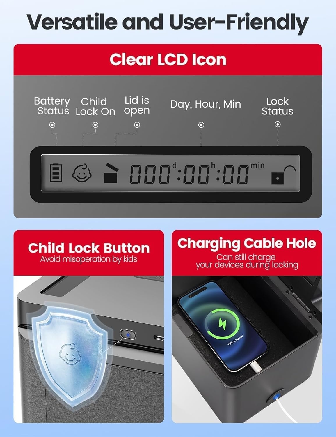 image:imageVaydeer Metal Timed Lock Box Phone Lockbox with Timer Time Locking Safe SelfControl Container with USB C ChargeChild Lock Audio Prompt Time Release Storage Locker for PhoneiPad MiniMedicineBlack