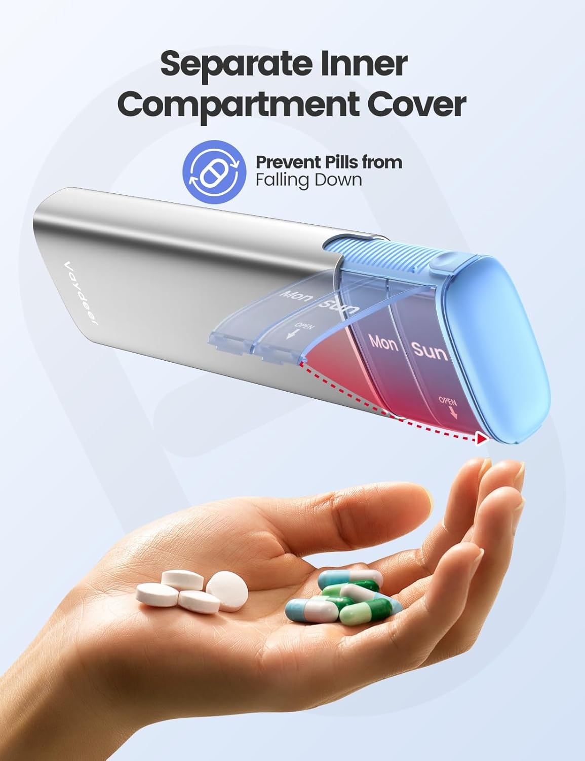 image:imageVaydeer Metal Travel Pill Organizer Compact Weekly Pill Box for Daily Medication Portable Small Pill Case for Vitamins Pills amp Supplements BlackBlack