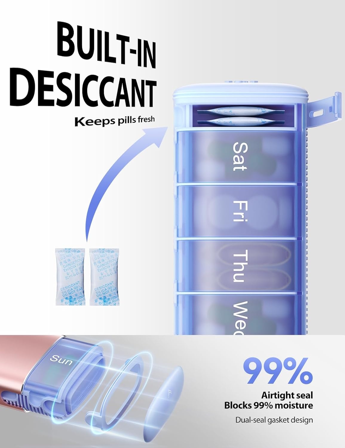 image:imageVaydeer Metal Travel Pill Organizer Compact Weekly Pill Box for Daily Medication Portable Small Pill Case for Vitamins Pills amp Supplements BlackChampagne