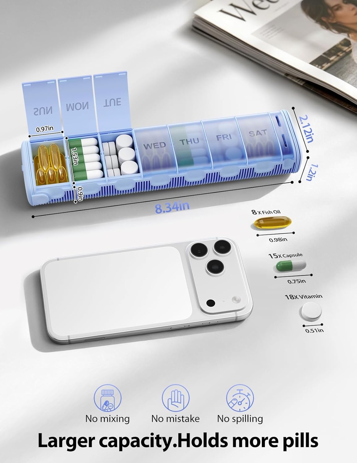 image:imageVaydeer Metal Travel Pill Organizer Compact Weekly Pill Box for Daily Medication Portable Small Pill Case for Vitamins Pills amp Supplements BlackGray