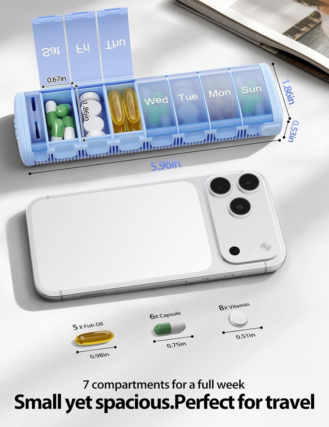 image:imageVaydeer Metal Travel Pill Organizer Compact Weekly Pill Box for Daily Medication Portable Small Pill Case for Vitamins Pills amp Supplements BlackSilver