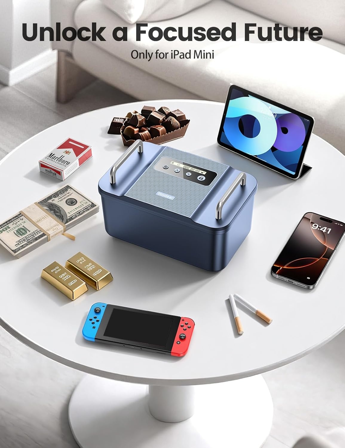 image:imageVaydeer Safe Timed Lock Box with Dual Metal HandlesPhone Lock Box with Timer Unplug from Phone Video Game Social Media Craving SelfControl Lockable Storage Box for Focus amp SelfControlBlackBlue
