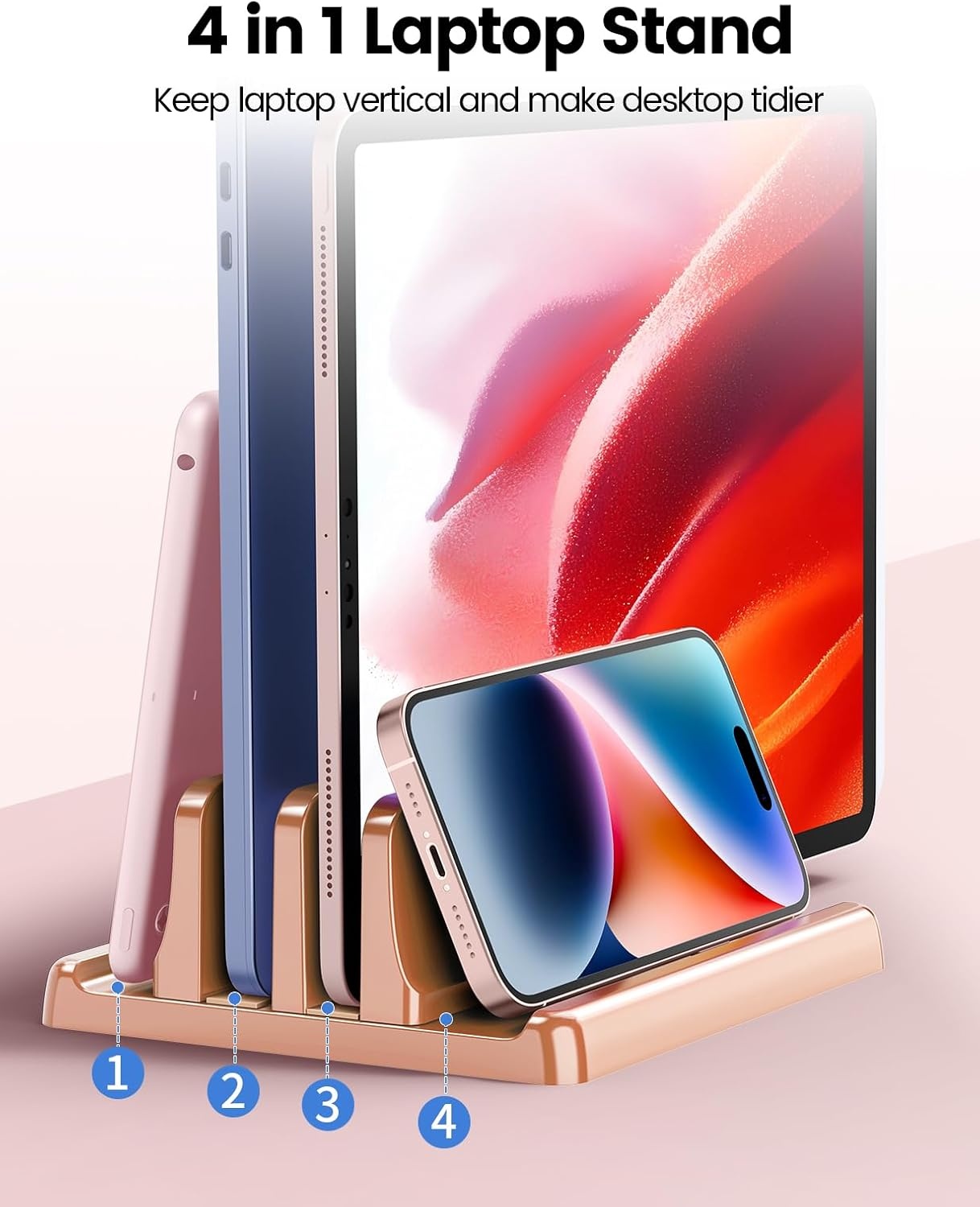 image:imageVaydeer Vertical Laptop Stand for Desk Dual Slots Plastic Laptop Holder with Space Saving 4in1 Design Adjustable Laptop Stand Supports MacBook Chromebook Surface Dell Rose GoldRose Gold