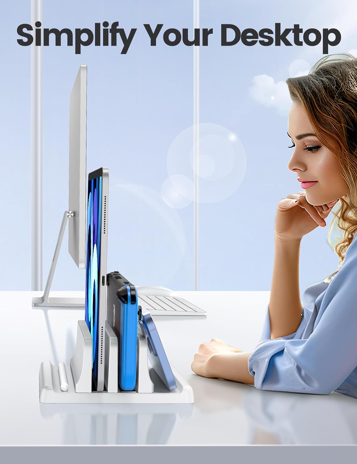 image:imageVaydeer Vertical Laptop Stand for Desk Dual Slots Plastic Laptop Holder with Space Saving 4in1 Design Adjustable Laptop Stand Supports MacBook Chromebook Surface Dell Rose GoldWhite