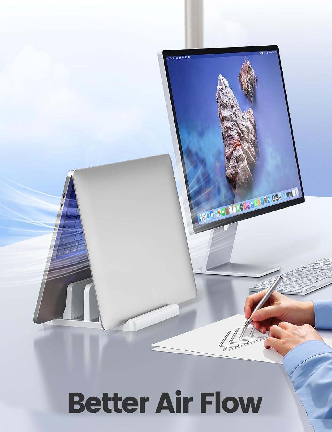 image:imageVaydeer Vertical Laptop Stand for Desk Dual Slots Plastic Laptop Holder with Space Saving 4in1 Design Adjustable Laptop Stand Supports MacBook Chromebook Surface Dell Rose GoldWhite