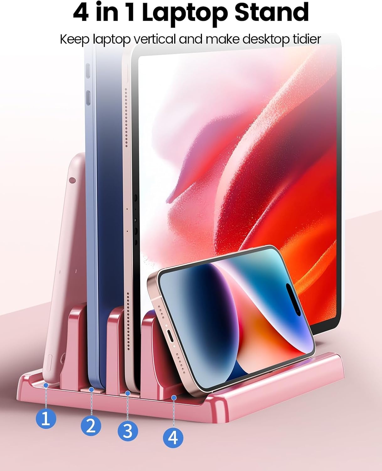 image:imageVaydeer Vertical Laptop Stand for Desk Dual Slots Plastic Laptop Holder with Space Saving 4in1 Design Adjustable Laptop Stand Supports MacBook Chromebook Surface Dell Rose GoldPink Rose