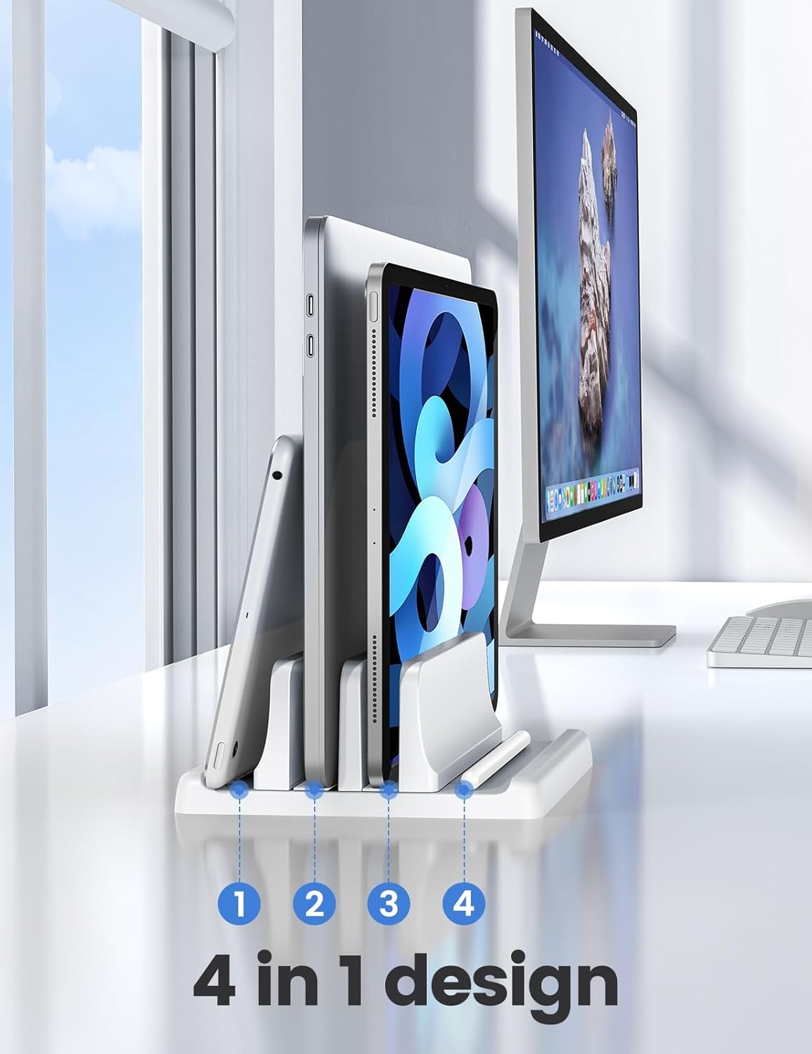 image:imageVaydeer Vertical Laptop Stand for Desk Dual Slots Plastic Laptop Holder with Space Saving 4in1 Design Adjustable Laptop Stand Supports MacBook Chromebook Surface Dell Rose GoldWhite