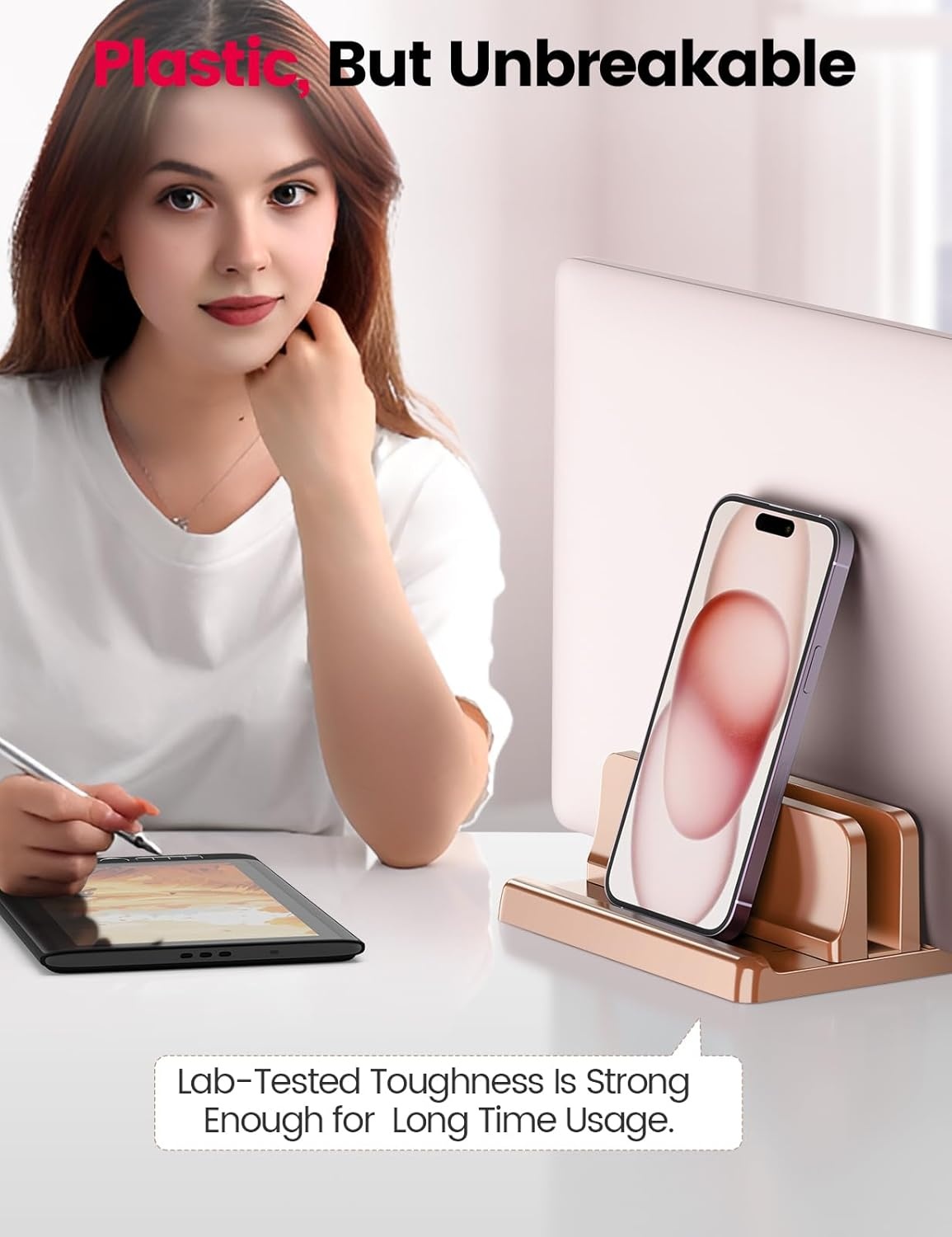 image:imageVaydeer Vertical Laptop Stand for Desk Dual Slots Plastic Laptop Holder with Space Saving 4in1 Design Adjustable Laptop Stand Supports MacBook Chromebook Surface Dell Rose GoldRose Gold