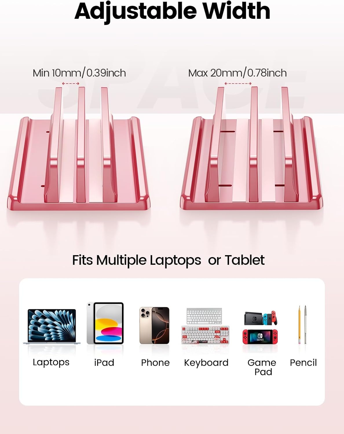 image:imageVaydeer Vertical Laptop Stand for Desk Dual Slots Plastic Laptop Holder with Space Saving 4in1 Design Adjustable Laptop Stand Supports MacBook Chromebook Surface Dell Rose GoldPink Rose