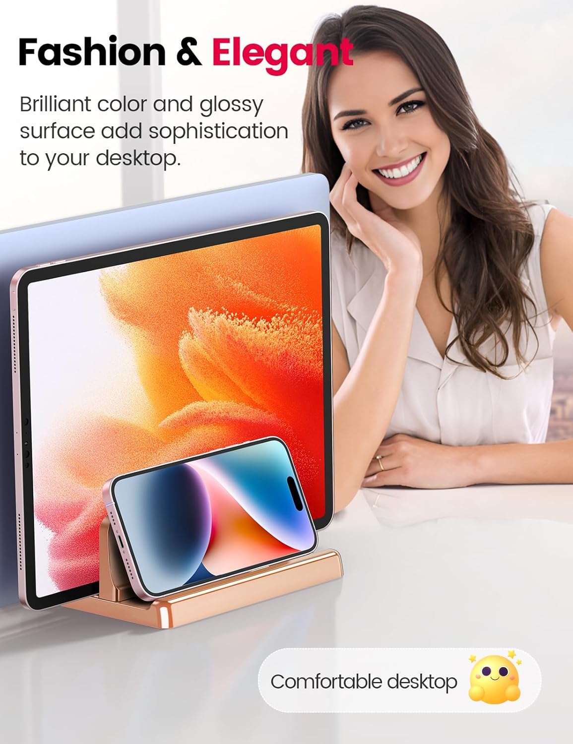 image:imageVaydeer Vertical Laptop Stand for Desk Dual Slots Plastic Laptop Holder with Space Saving 4in1 Design Adjustable Laptop Stand Supports MacBook Chromebook Surface Dell Rose GoldRose Gold