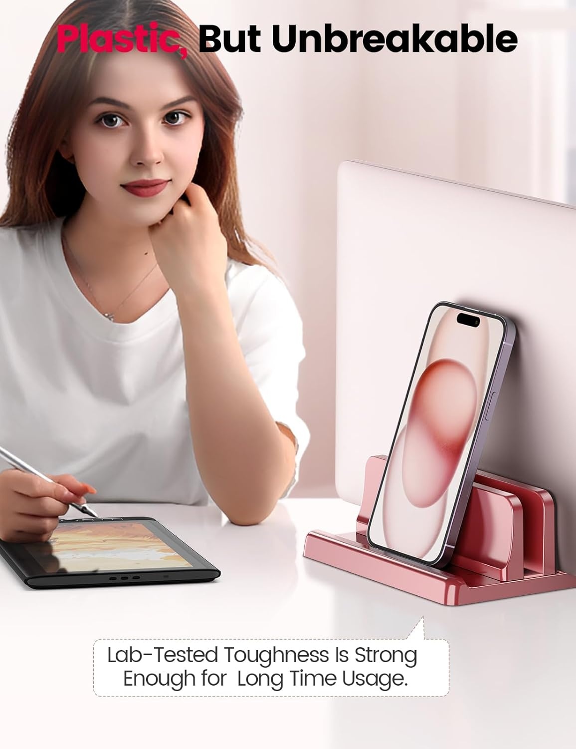 image:imageVaydeer Vertical Laptop Stand for Desk Dual Slots Plastic Laptop Holder with Space Saving 4in1 Design Adjustable Laptop Stand Supports MacBook Chromebook Surface Dell Rose GoldPink Rose