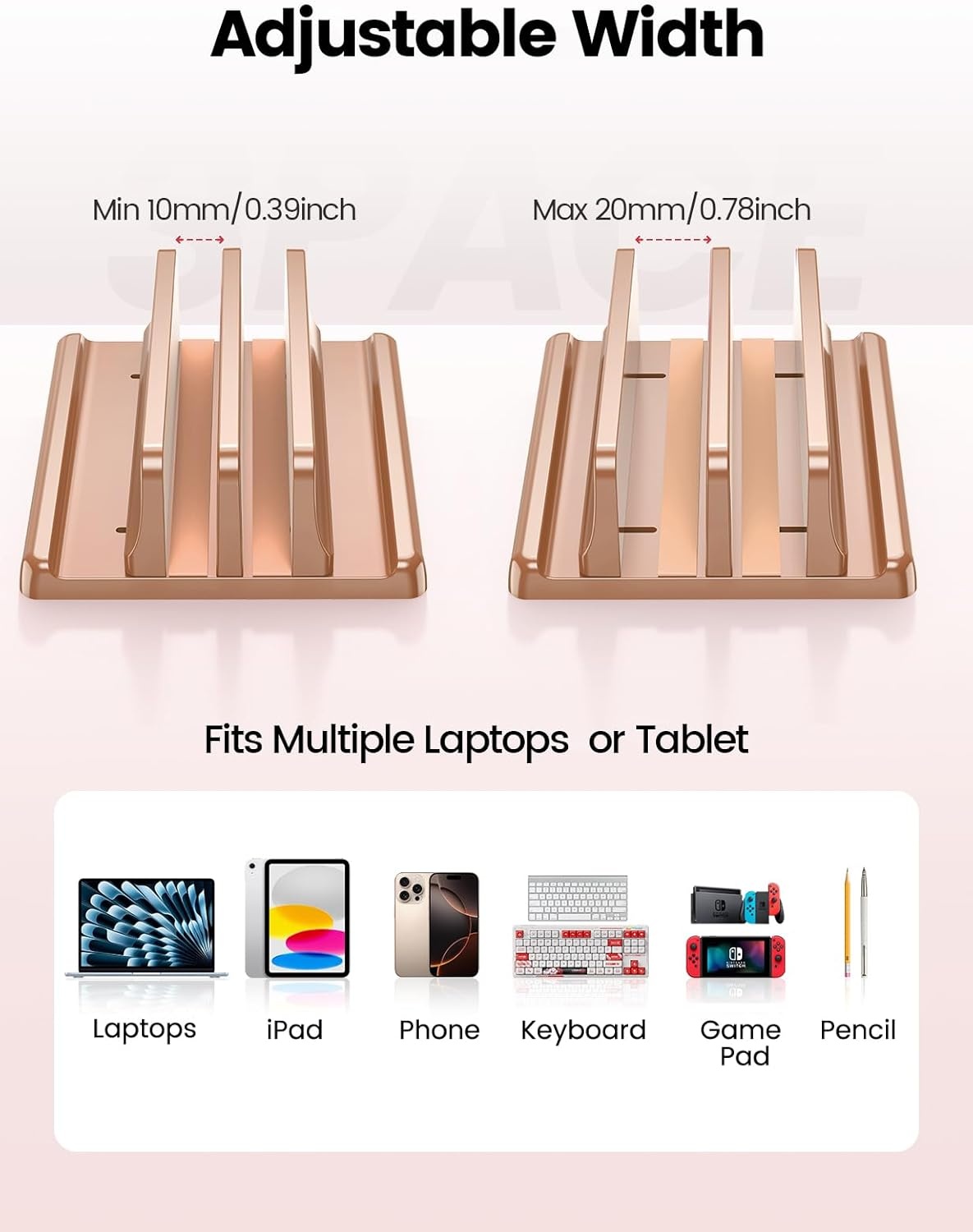 image:imageVaydeer Vertical Laptop Stand for Desk Dual Slots Plastic Laptop Holder with Space Saving 4in1 Design Adjustable Laptop Stand Supports MacBook Chromebook Surface Dell Rose GoldRose Gold