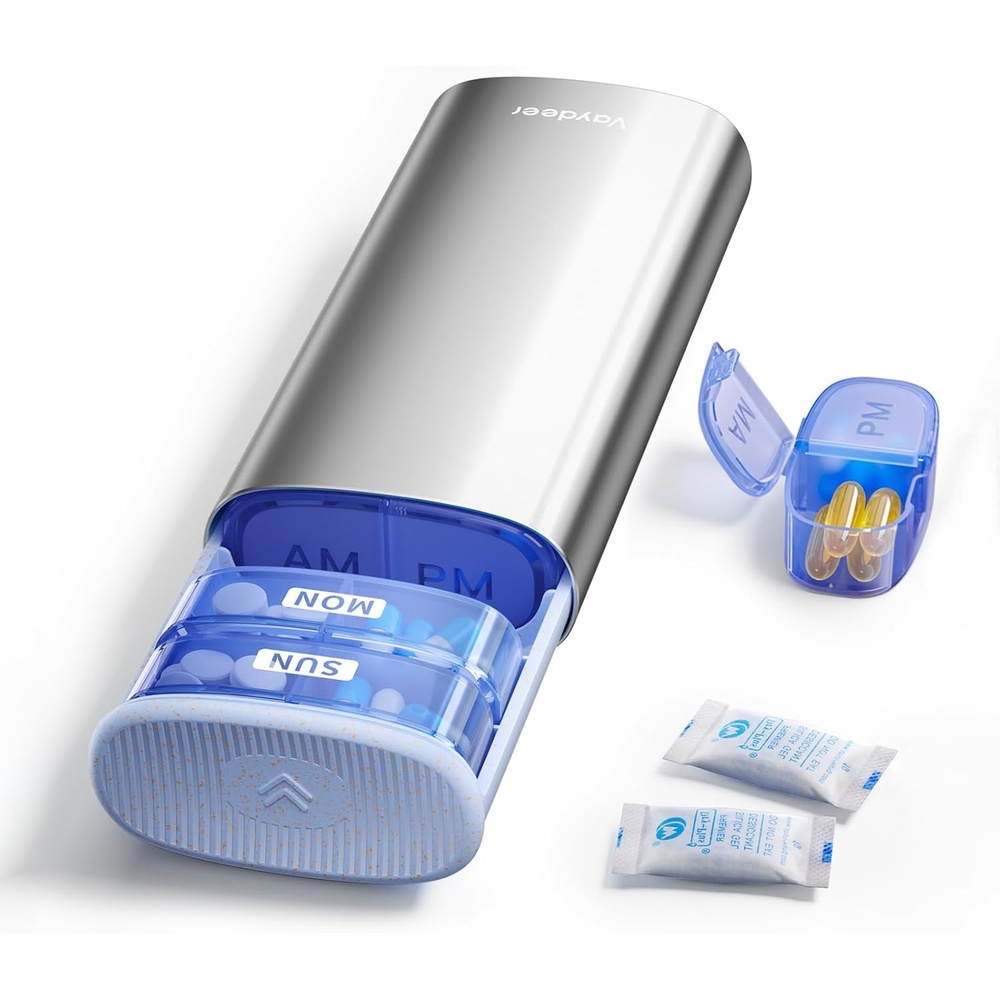 image:imageVaydeer Metal Pill Organizer 3 Times a Day Weekly Pill Box with Builtin Desiccant Compartment Airtight 7 Day Travel Pill Case for Medication Vitamins amp Supplements Rose GoldSilver