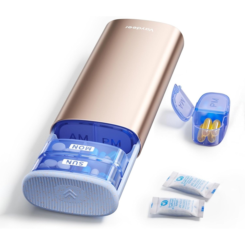 image:imageVaydeer Metal Pill Organizer 3 Times a Day Weekly Pill Box with Builtin Desiccant Compartment Airtight 7 Day Travel Pill Case for Medication Vitamins amp Supplements Rose GoldChampagne Gold