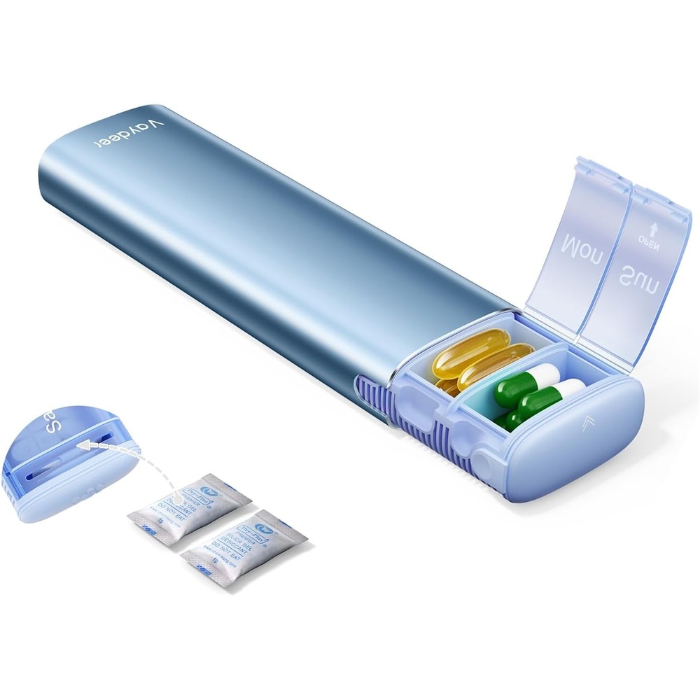 image:imageVaydeer Metal Travel Pill Organizer Compact Weekly Pill Box for Daily Medication Portable Small Pill Case for Vitamins Pills amp Supplements BlackBlue