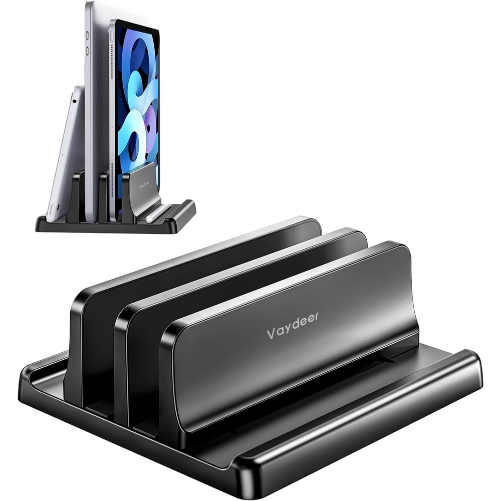 image:imageVaydeer Vertical Laptop Stand for Desk Dual Slots Plastic Laptop Holder with Space Saving 4in1 Design Adjustable Laptop Stand Supports MacBook Chromebook Surface Dell Rose GoldBlack