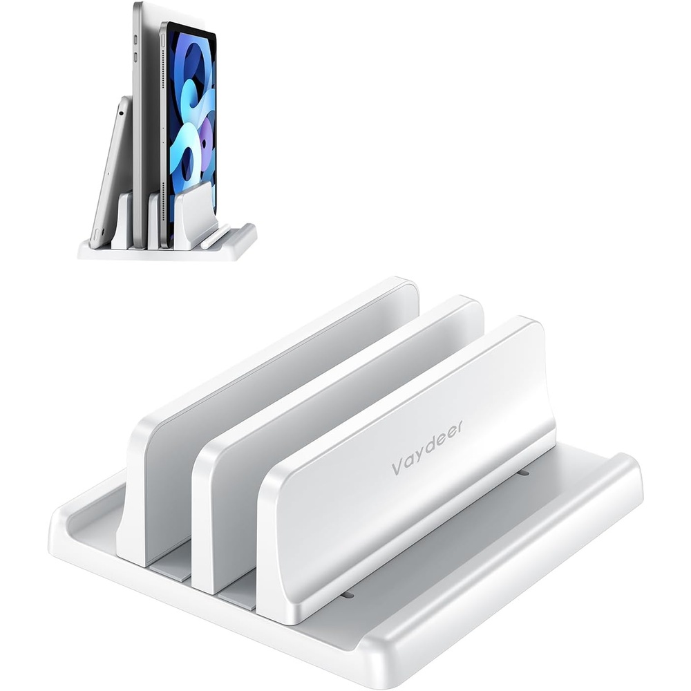 image:imageVaydeer Vertical Laptop Stand for Desk Dual Slots Plastic Laptop Holder with Space Saving 4in1 Design Adjustable Laptop Stand Supports MacBook Chromebook Surface Dell Rose GoldWhite