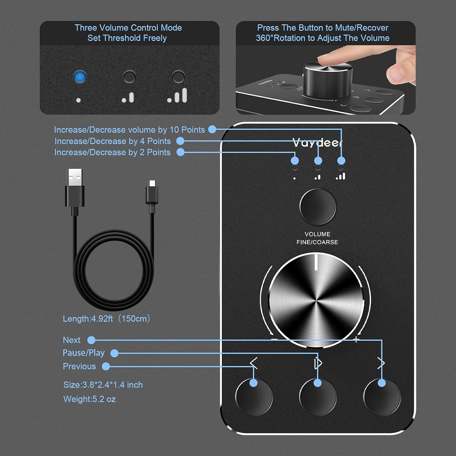 image:imageVAYDEER Volume Control Knob with OneClick Mute Function and 3 Volume Control Modes USB Volume Knob Multimedia Controller for Win 7810Mac Gift for Festivals Loved Ones