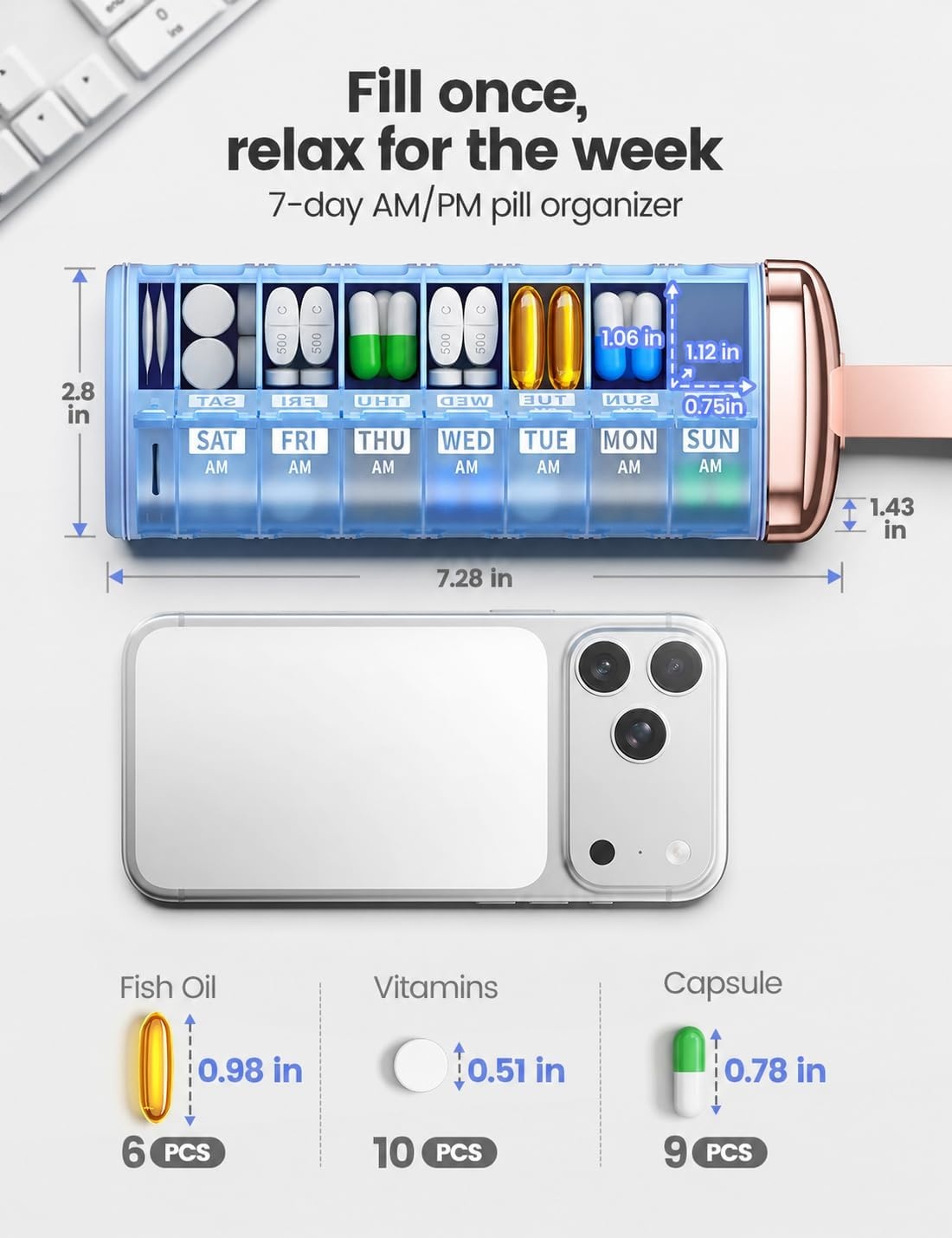 image:imageVaydeer Metal 7 Day Pill Organizer with Builtin Desiccant Compartment Airtight Weekly Travel Pill Box with Carry Handle Slim SlideOut Pill Case for Medication Vitamins amp Supplements SilverA3rose Gold