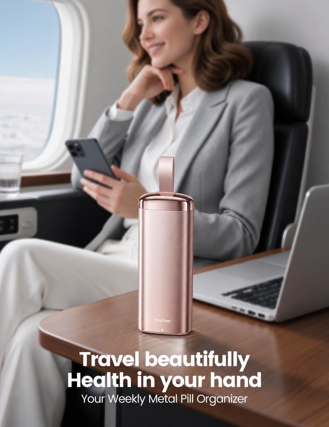 image:imageVaydeer Metal 7 Day Pill Organizer with Builtin Desiccant Compartment Airtight Weekly Travel Pill Box with Carry Handle Slim SlideOut Pill Case for Medication Vitamins amp Supplements SilverA3rose Gold