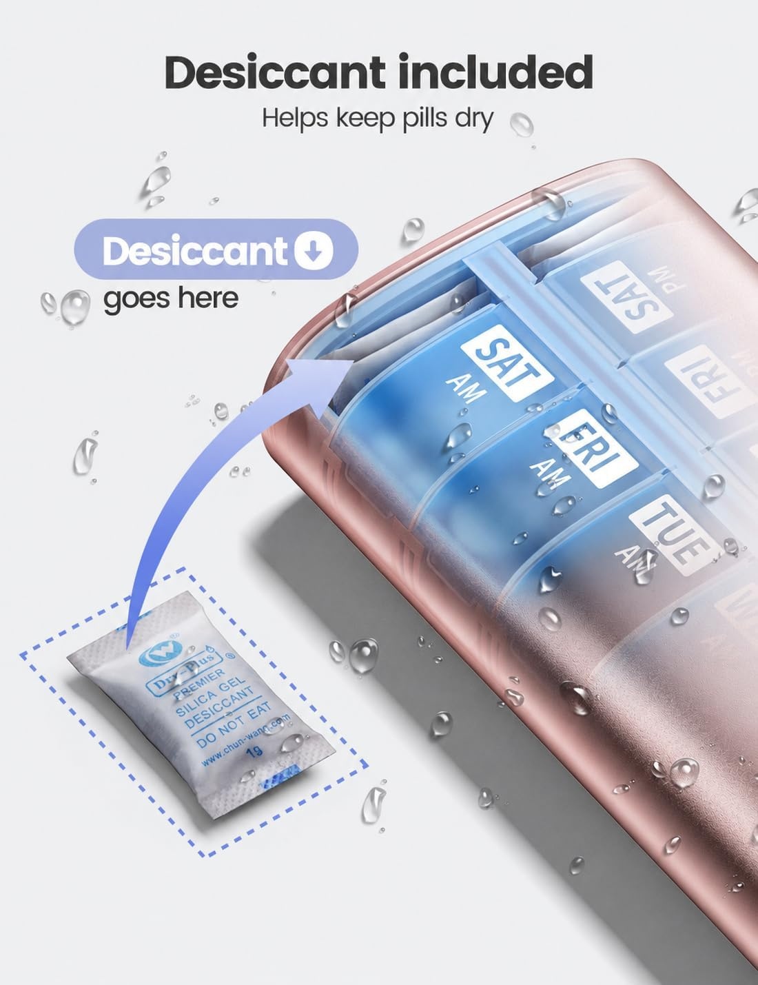 image:imageVaydeer Metal 7 Day Pill Organizer with Builtin Desiccant Compartment Airtight Weekly Travel Pill Box with Carry Handle Slim SlideOut Pill Case for Medication Vitamins amp Supplements SilverA3rose Gold